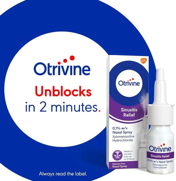 Otrivine Sinusitis Relief Nasal Spray, Blocked Nose Relief and Decongestant (0.1% Xylometazoline Hydrochloride)- 10ml - Image 2