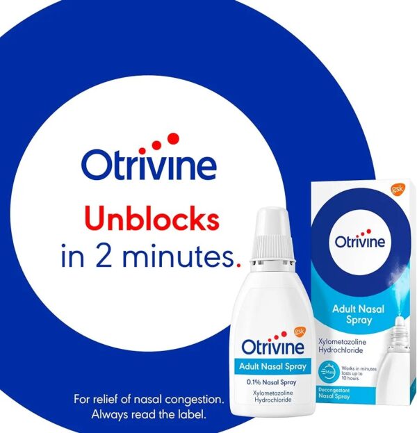 Otrivine Adult 0.1% Decongestant Nasal Spray and Blocked Nose Relief- 10ml - Image 2