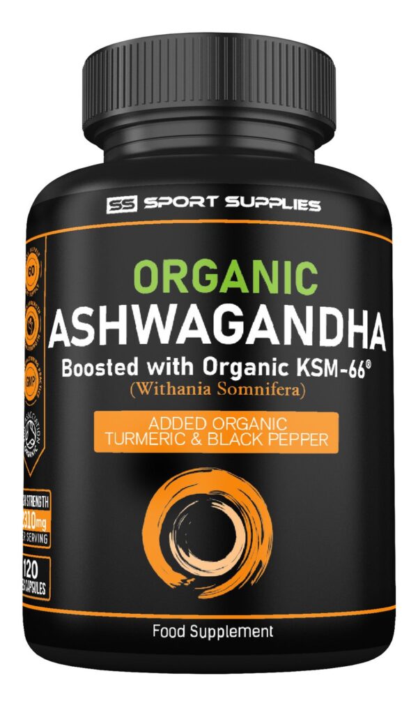 Sport Supplies Organic Ashwagandha with KSM-66, Turmeric and Black Pepper 1600mg (3 months supply)-120 Capsules