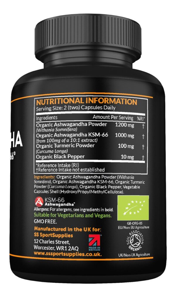 Sport Supplies Organic Ashwagandha with KSM-66, Turmeric and Black Pepper 1600mg (3 months supply)-120 Capsules - Image 4