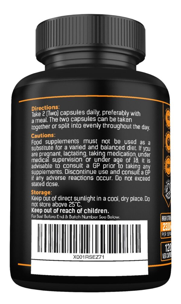 Sport Supplies Organic Ashwagandha with KSM-66, Turmeric and Black Pepper 1600mg (3 months supply)-120 Capsules - Image 3