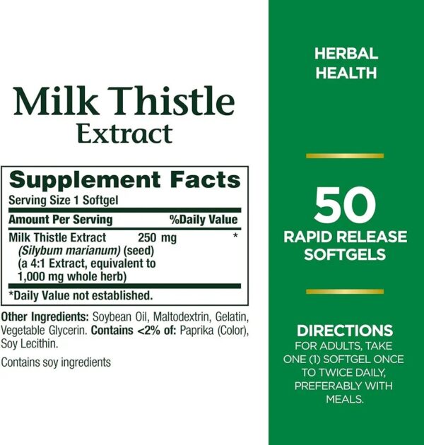 Nature's Bounty Milk Thistle, Herbal Health Supplement 1000mg -50 Softgels - Image 3